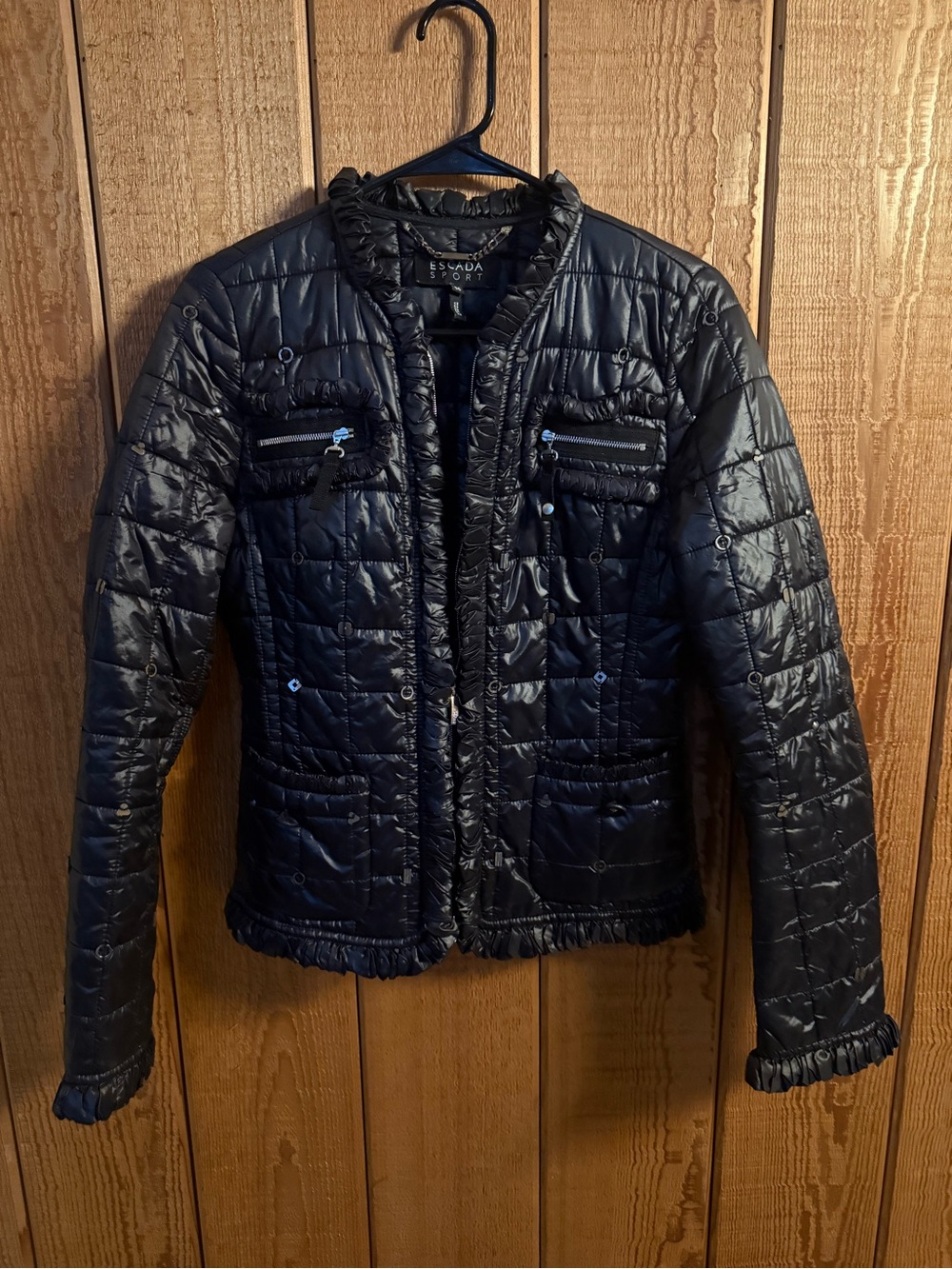 Escada Sport Vintage Black Quilted Puffer Jacket with Ruffle Trim